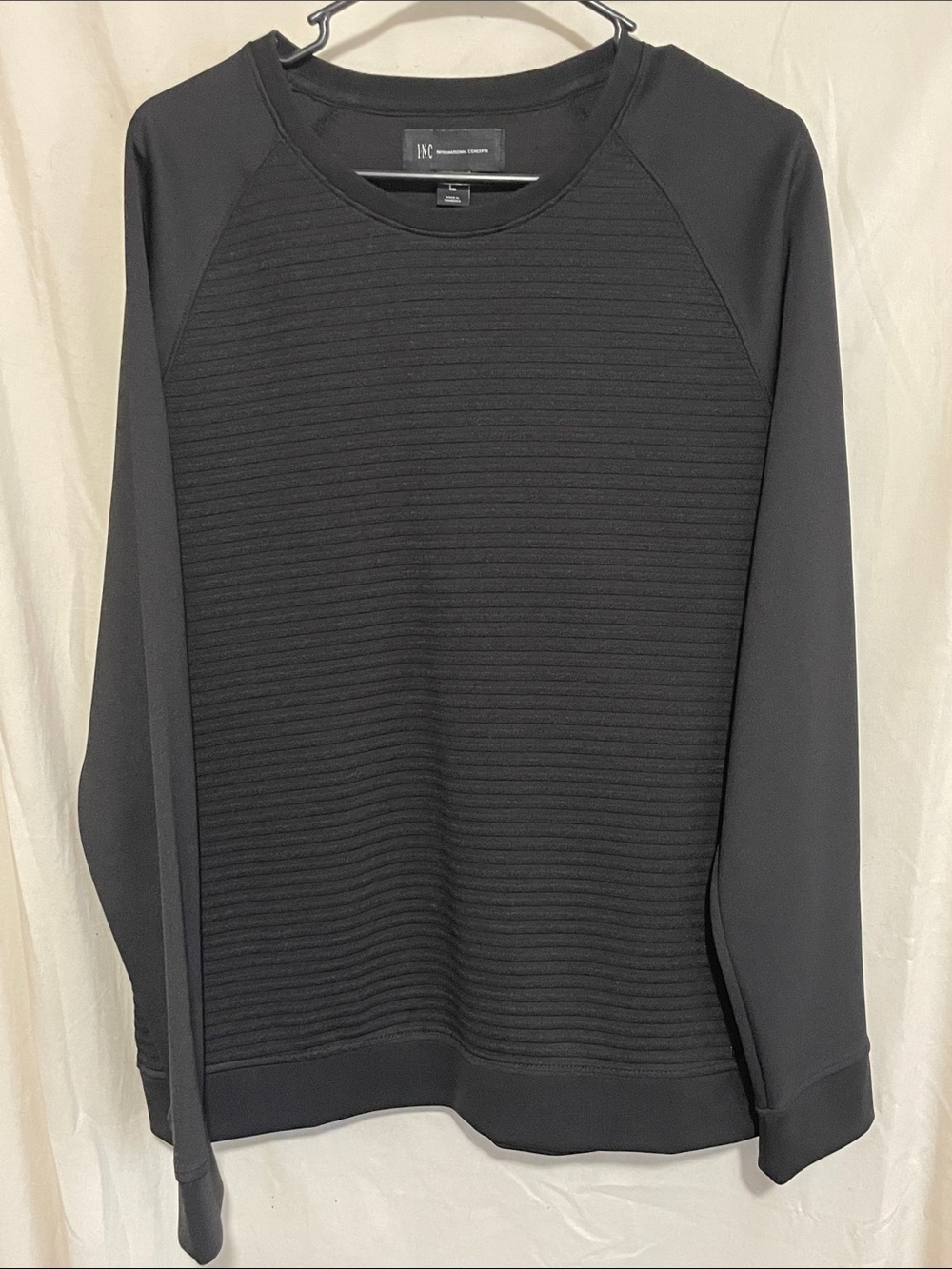 INC International Concepts Black Ribbed Front Crewneck Sweater